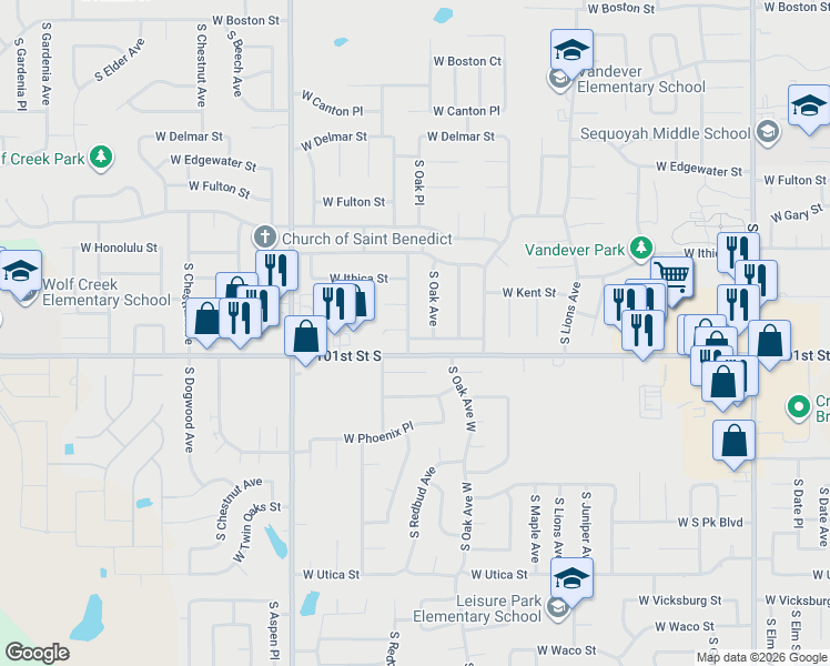 map of restaurants, bars, coffee shops, grocery stores, and more near 1803 West Laredo Place in Broken Arrow