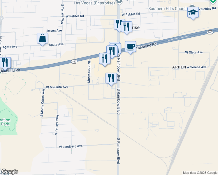 map of restaurants, bars, coffee shops, grocery stores, and more near 6975 West Meranto Avenue in Las Vegas