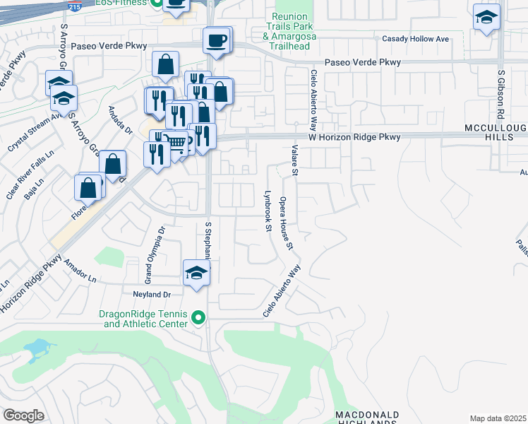 map of restaurants, bars, coffee shops, grocery stores, and more near 219 Lynbrook Street in Henderson