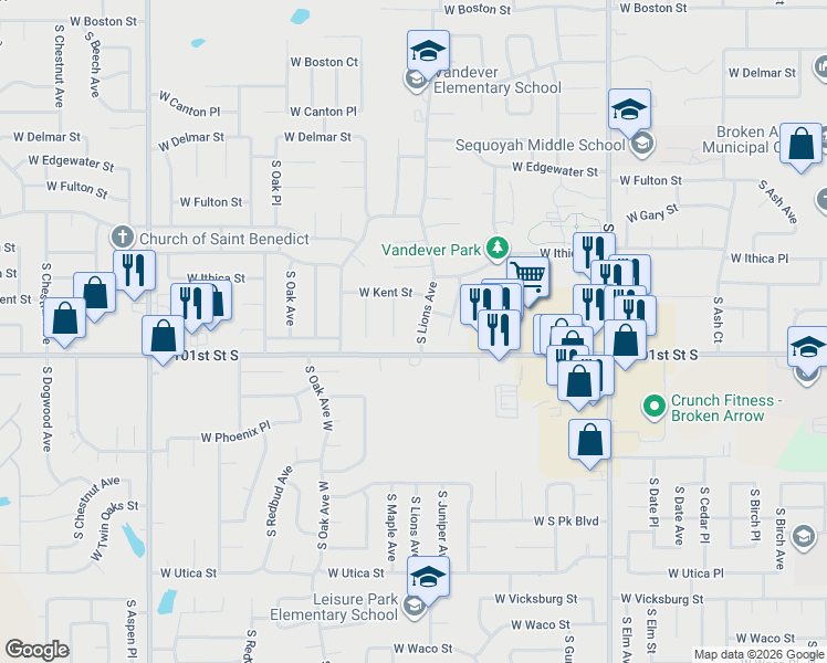 map of restaurants, bars, coffee shops, grocery stores, and more near 3200 South Lions Avenue in Broken Arrow