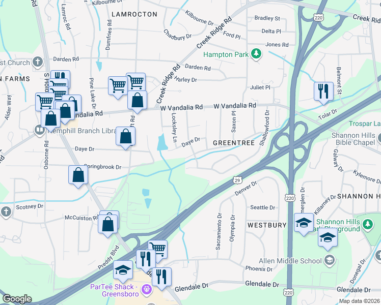 map of restaurants, bars, coffee shops, grocery stores, and more near 3104 Paddington Street in Greensboro