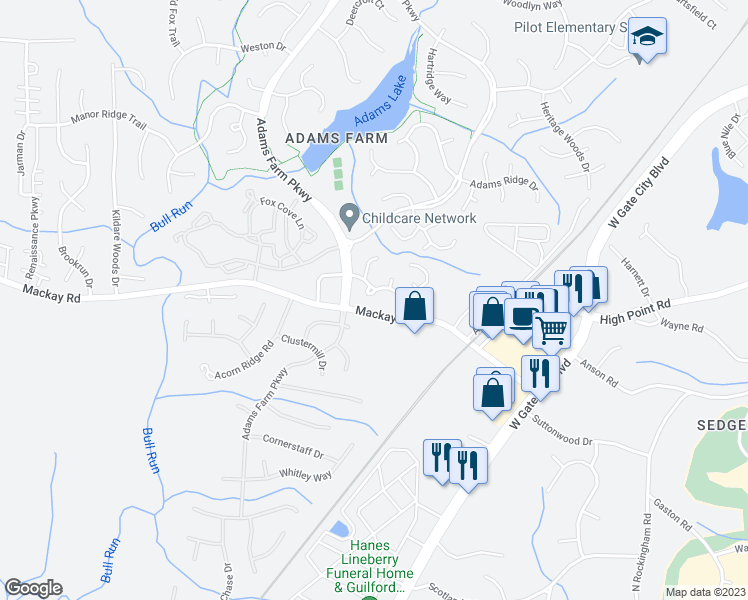 map of restaurants, bars, coffee shops, grocery stores, and more near 5131 Autumncrest Drive in Greensboro