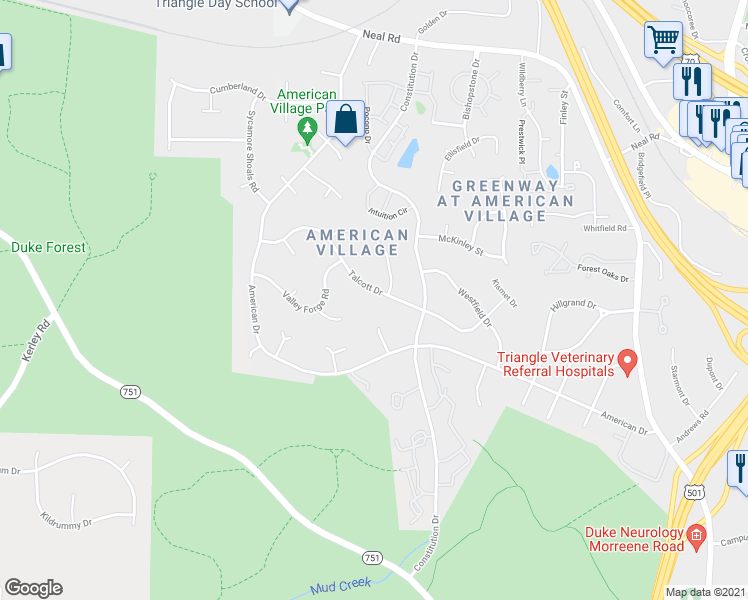 map of restaurants, bars, coffee shops, grocery stores, and more near 4305 Talcott Drive in Durham