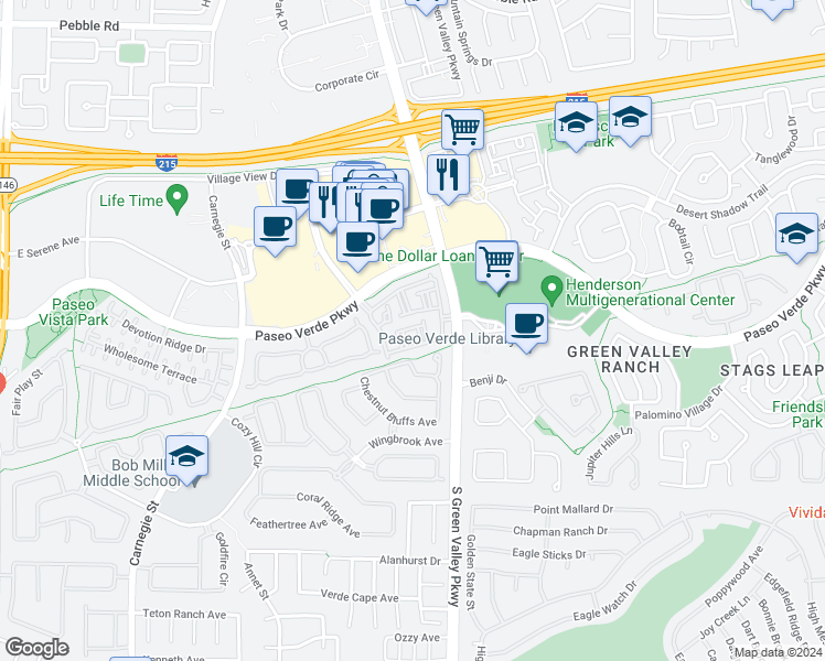 map of restaurants, bars, coffee shops, grocery stores, and more near 251 South Green Valley Parkway in Henderson
