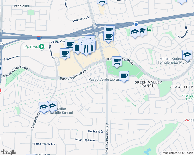 map of restaurants, bars, coffee shops, grocery stores, and more near 251 South Green Valley Parkway in Henderson