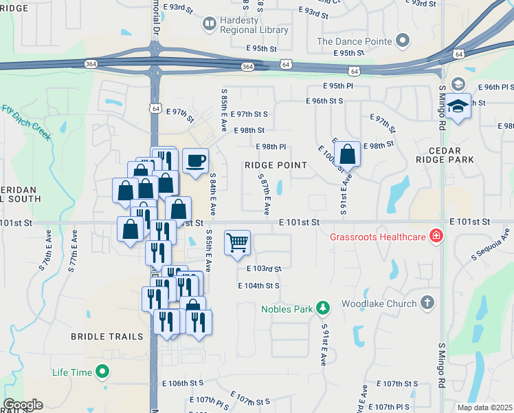 map of restaurants, bars, coffee shops, grocery stores, and more near 8621 East 100th Place South in Tulsa