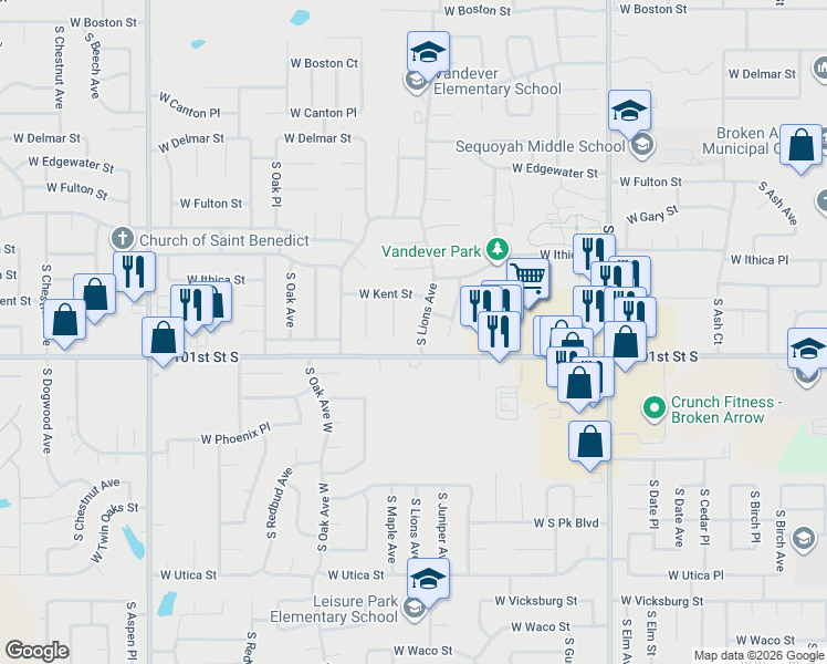 map of restaurants, bars, coffee shops, grocery stores, and more near 3200 South Lions Avenue in Broken Arrow