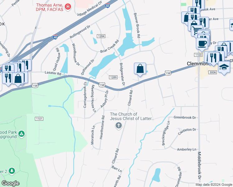 map of restaurants, bars, coffee shops, grocery stores, and more near 105 Whitley Mill Court in Clemmons