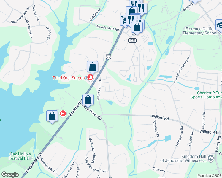 map of restaurants, bars, coffee shops, grocery stores, and more near 3508 Timbergate Lane in High Point