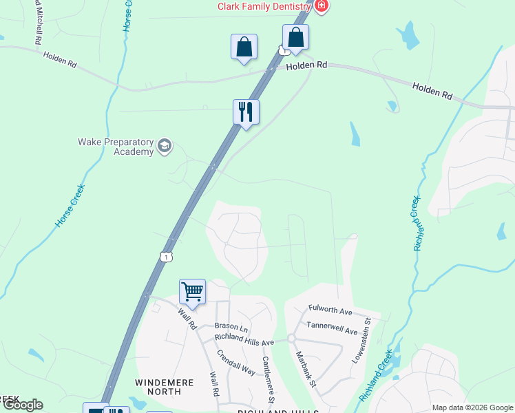 map of restaurants, bars, coffee shops, grocery stores, and more near 60 Rolling Acres Road in Youngsville