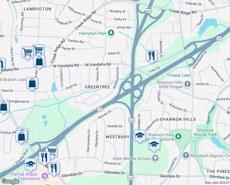 map of restaurants, bars, coffee shops, grocery stores, and more near 3111 Shallowford Dr in Greensboro