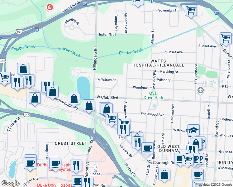 map of restaurants, bars, coffee shops, grocery stores, and more near 2414 West Club Boulevard in Durham