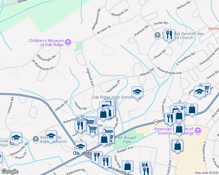 map of restaurants, bars, coffee shops, grocery stores, and more near 126 Hamilton Circle in Oak Ridge