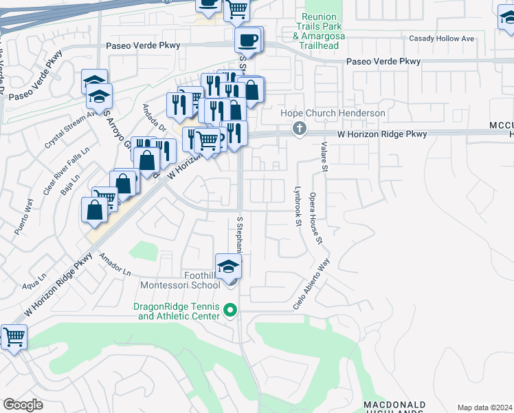 map of restaurants, bars, coffee shops, grocery stores, and more near 1393 Gran Vista Avenue in Henderson