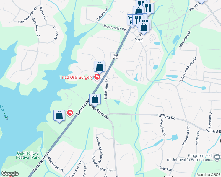map of restaurants, bars, coffee shops, grocery stores, and more near 3467 Limestone Court in High Point