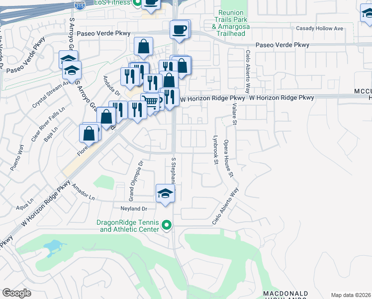 map of restaurants, bars, coffee shops, grocery stores, and more near 1399 Gran Vista Avenue in Henderson