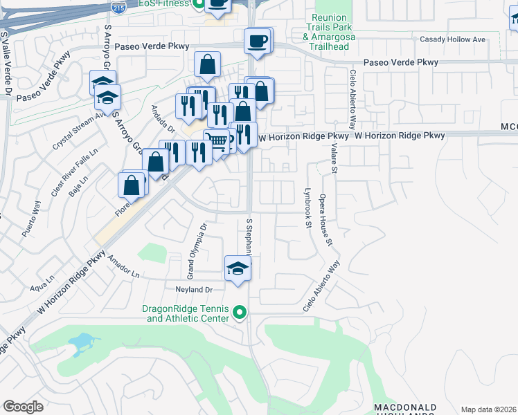 map of restaurants, bars, coffee shops, grocery stores, and more near 1399 Gran Vista Avenue in Henderson