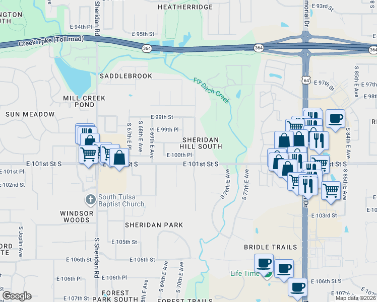 map of restaurants, bars, coffee shops, grocery stores, and more near 7113 East 100th Place in Tulsa