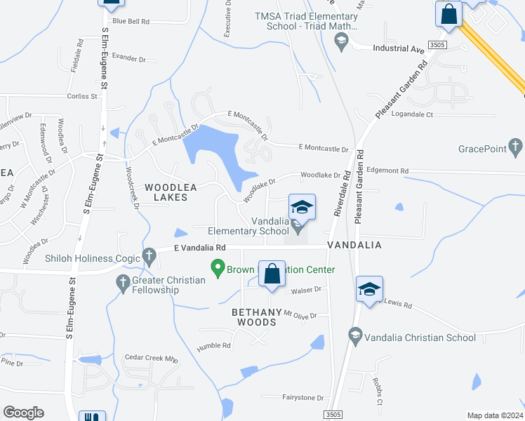 map of restaurants, bars, coffee shops, grocery stores, and more near 3006 Woodbluff Drive in Greensboro