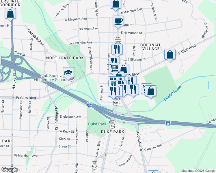 map of restaurants, bars, coffee shops, grocery stores, and more near 113 Saint Paul Street in Durham