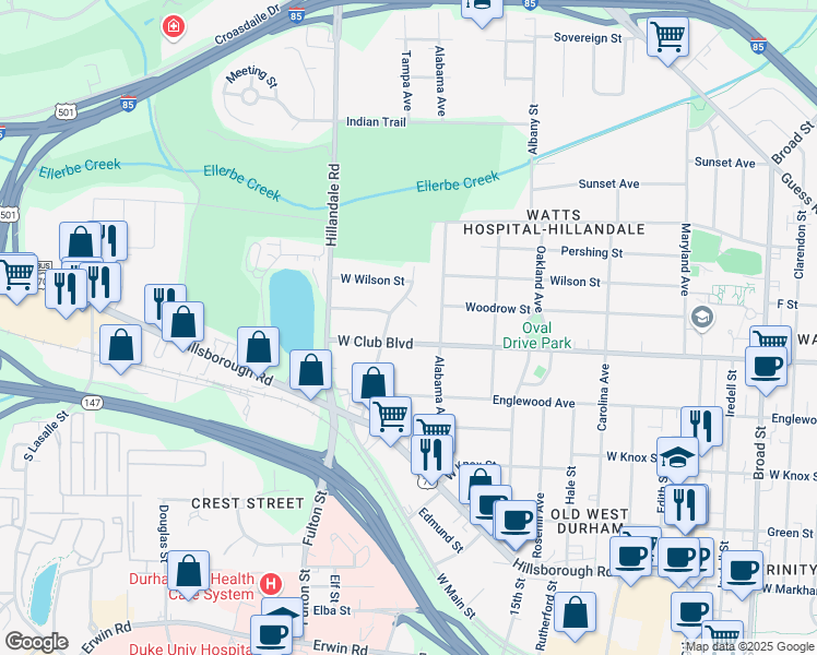 map of restaurants, bars, coffee shops, grocery stores, and more near 2414 West Club Boulevard in Durham