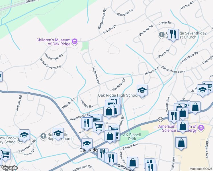 map of restaurants, bars, coffee shops, grocery stores, and more near 162 Hamilton Circle in Oak Ridge