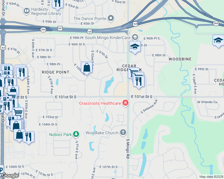 map of restaurants, bars, coffee shops, grocery stores, and more near 10042 South 94th East Avenue in Tulsa