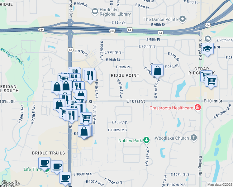 map of restaurants, bars, coffee shops, grocery stores, and more near 8621 East 100th Place South in Tulsa
