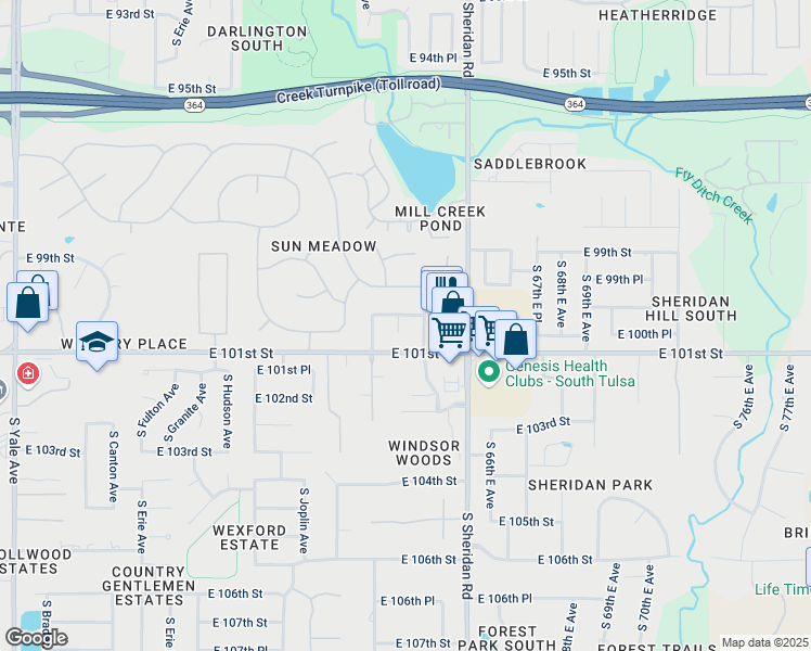 map of restaurants, bars, coffee shops, grocery stores, and more near 10012 South Maplewood Place in Tulsa