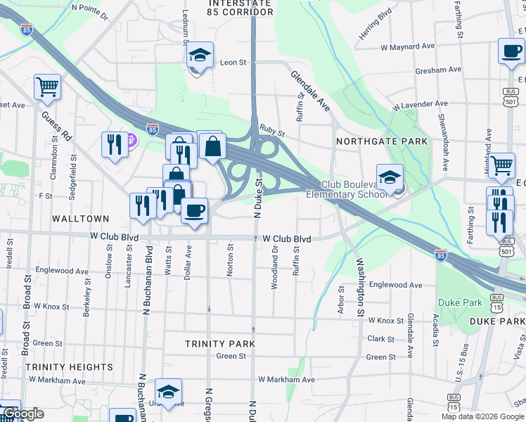 map of restaurants, bars, coffee shops, grocery stores, and more near 800 West Club Boulevard in Durham