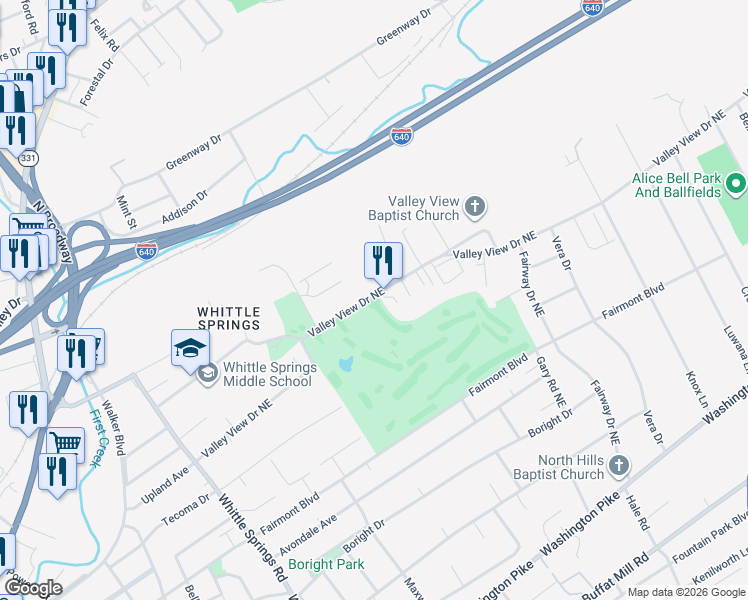 map of restaurants, bars, coffee shops, grocery stores, and more near 3219 Valley View Drive Northeast in Knoxville