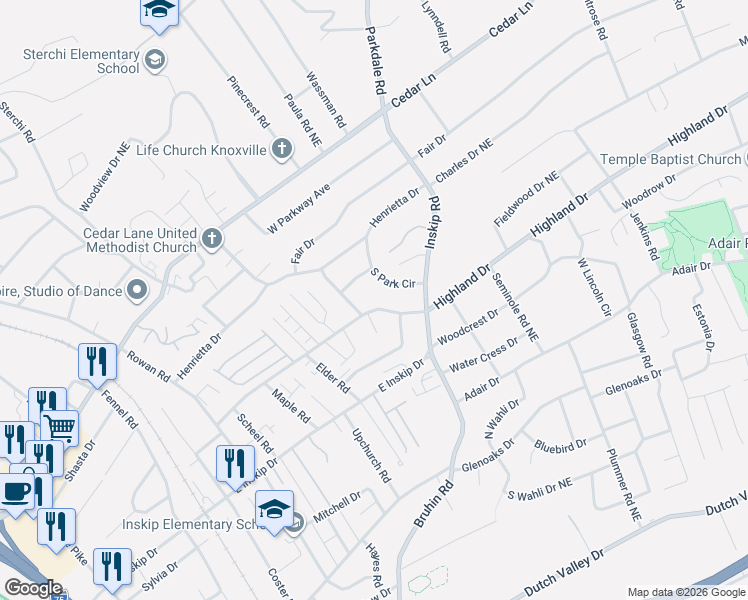 map of restaurants, bars, coffee shops, grocery stores, and more near 1005 Highland Drive in Knoxville