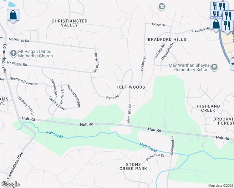 map of restaurants, bars, coffee shops, grocery stores, and more near 3916 Bryce Road in Nashville