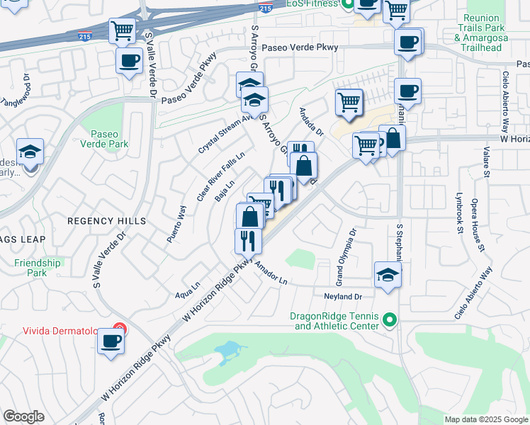map of restaurants, bars, coffee shops, grocery stores, and more near 1700 Flores Lane in Henderson