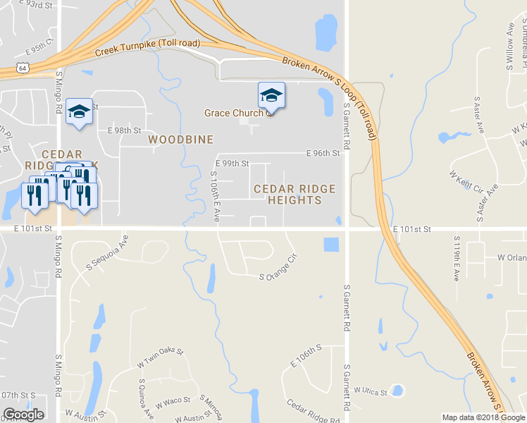 map of restaurants, bars, coffee shops, grocery stores, and more near 10721 East 100th Place in Tulsa