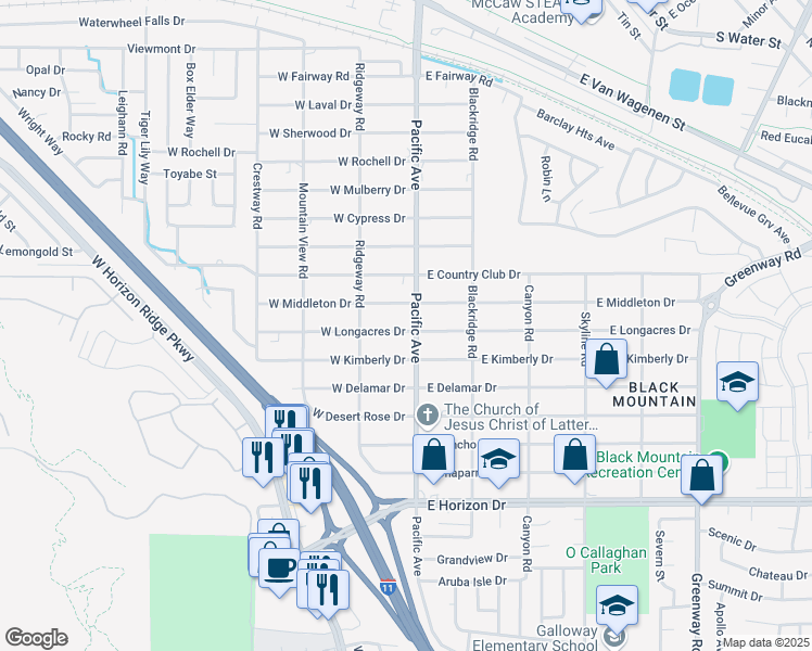 map of restaurants, bars, coffee shops, grocery stores, and more near 100 West Longacres Drive in Henderson