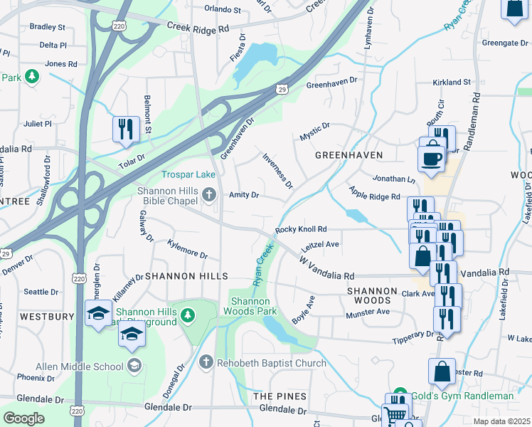map of restaurants, bars, coffee shops, grocery stores, and more near 20 Windale Court in Greensboro
