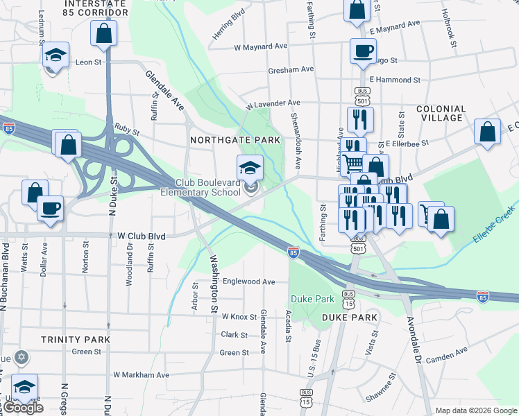 map of restaurants, bars, coffee shops, grocery stores, and more near 2113 Glendale Avenue in Durham