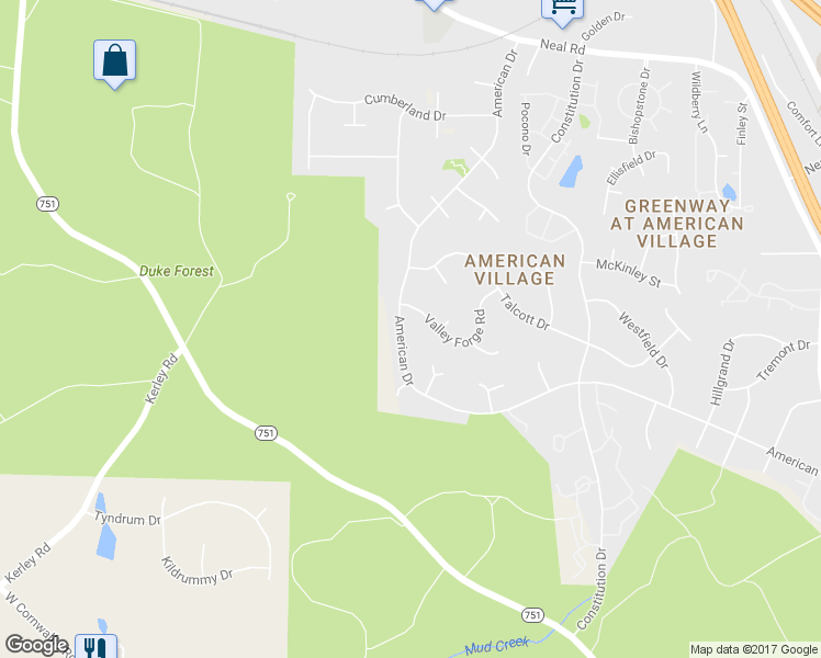 map of restaurants, bars, coffee shops, grocery stores, and more near 4432 American Drive in Durham