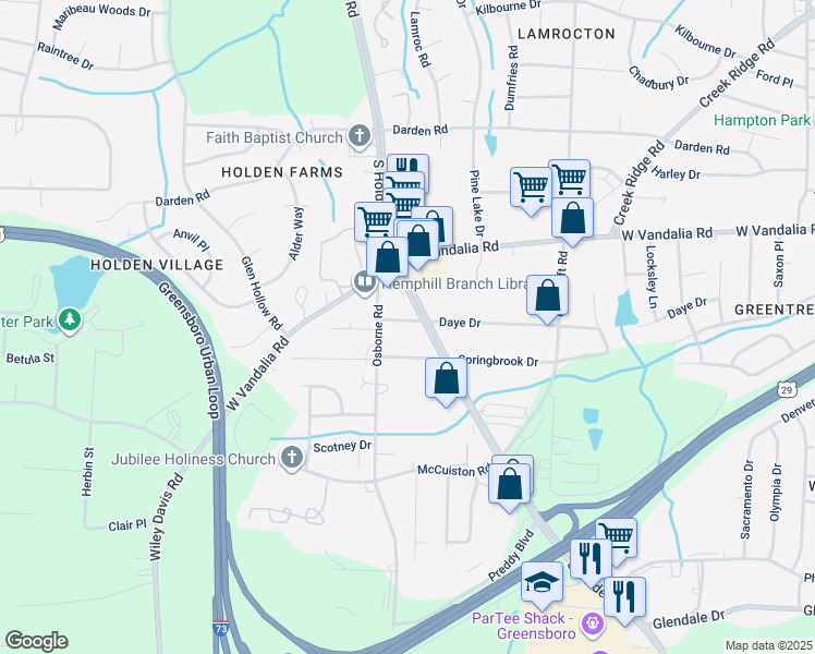 map of restaurants, bars, coffee shops, grocery stores, and more near 4007 Daye Drive in Greensboro