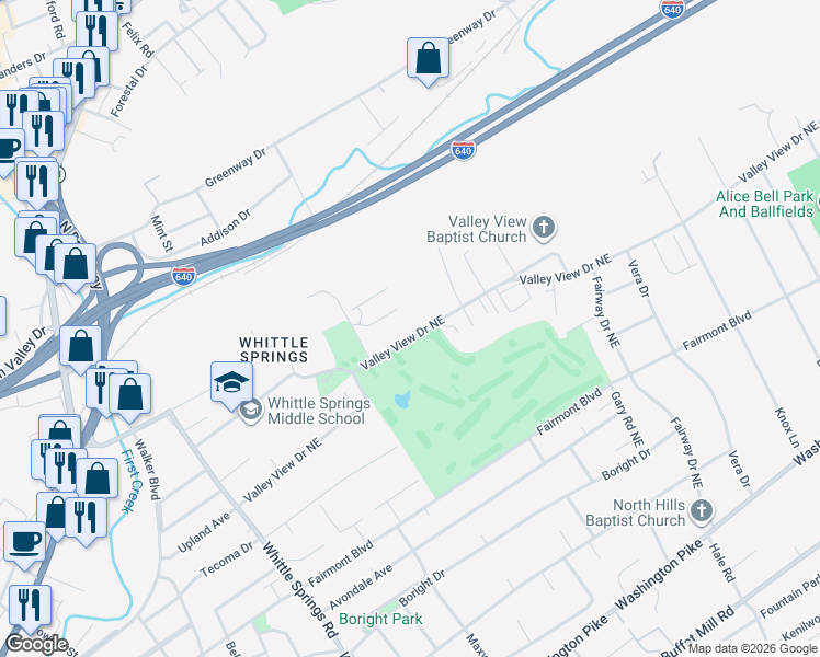 map of restaurants, bars, coffee shops, grocery stores, and more near 3219 Valley View Drive Northeast in Knoxville
