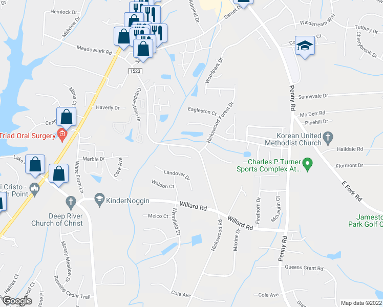map of restaurants, bars, coffee shops, grocery stores, and more near 3821 Eagles View Court in High Point