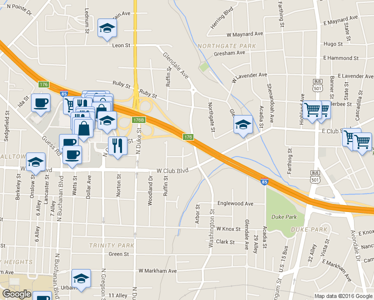 map of restaurants, bars, coffee shops, grocery stores, and more near 1604 Dexter Street in Durham