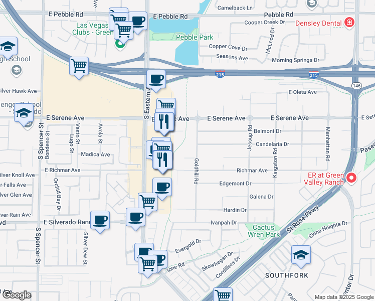 map of restaurants, bars, coffee shops, grocery stores, and more near Delano Drive in Henderson