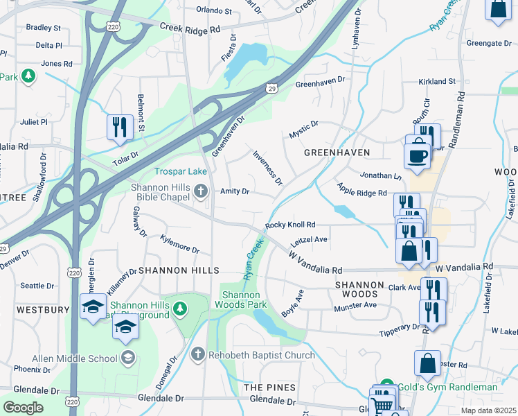 map of restaurants, bars, coffee shops, grocery stores, and more near 18 Windale Court in Greensboro