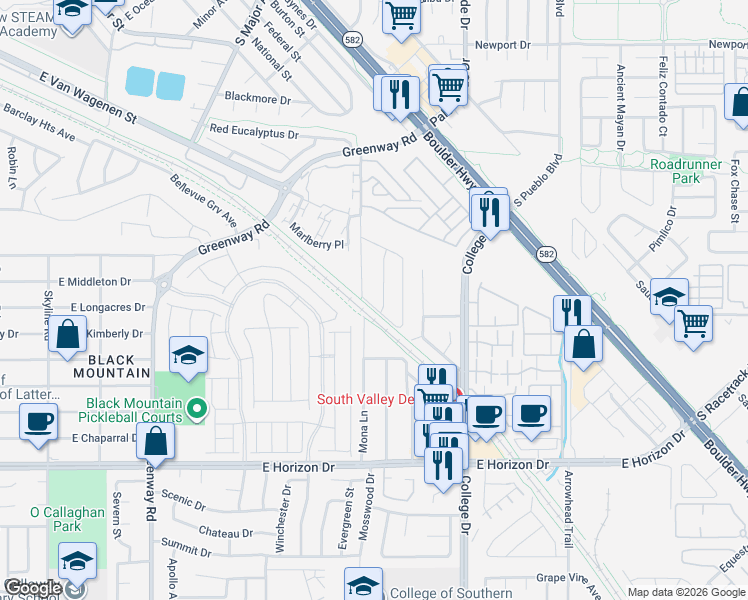 map of restaurants, bars, coffee shops, grocery stores, and more near 603 Peridot Place in Henderson