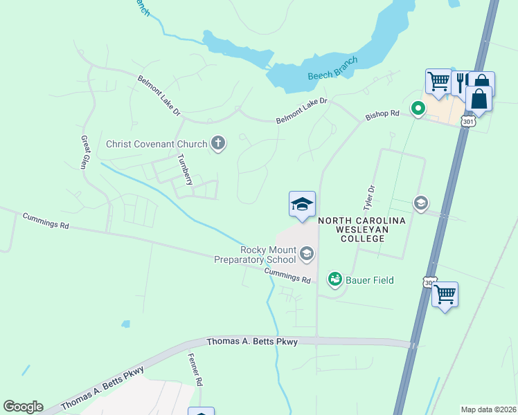 map of restaurants, bars, coffee shops, grocery stores, and more near 653-719 Chimney Hill Way in Rocky Mt