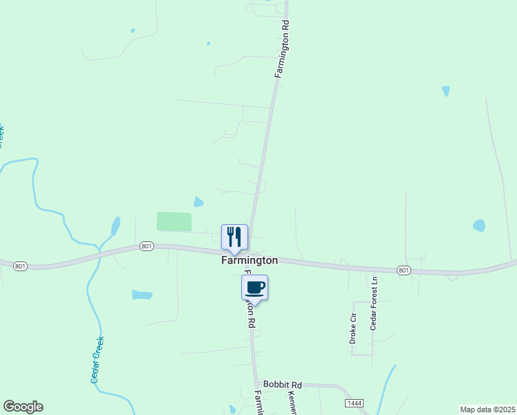 map of restaurants, bars, coffee shops, grocery stores, and more near 1986 Farmington Road in Mocksville