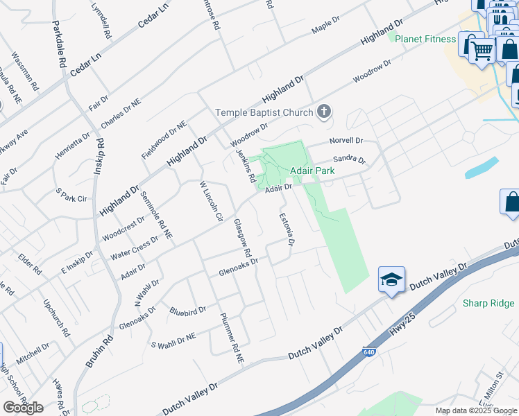 map of restaurants, bars, coffee shops, grocery stores, and more near 4531 Shamus Way in Knoxville