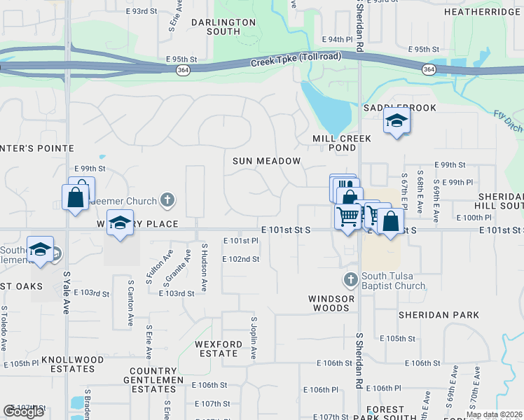 map of restaurants, bars, coffee shops, grocery stores, and more near 5918 East 100th Place in Tulsa